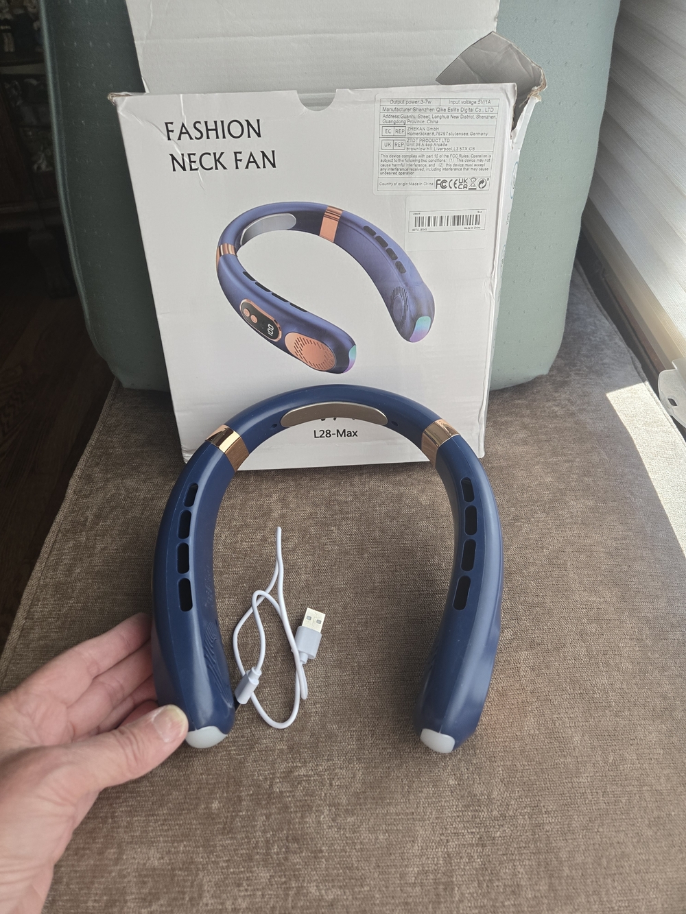 Portable Rechargeable Neck Fan - Blue with Rose Gold Accents
